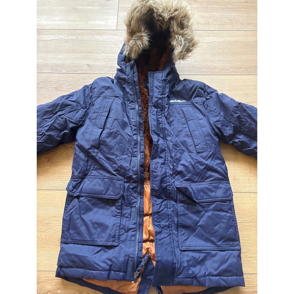 Eddie Bauer Kids Navy duck Down Fill Parka Faux Fur Hood Jacket sz‎ Medium 10/12